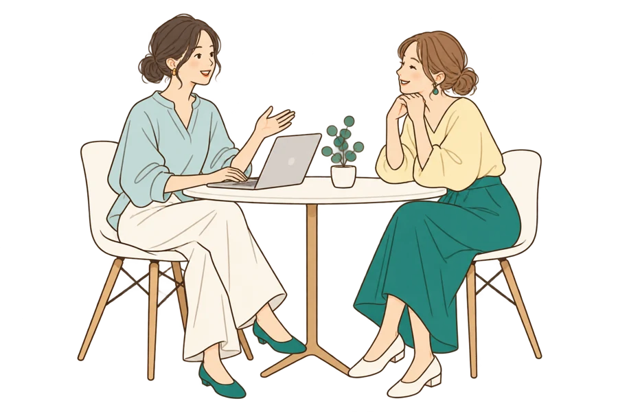 パソコンを囲んで相談する二人のイラスト