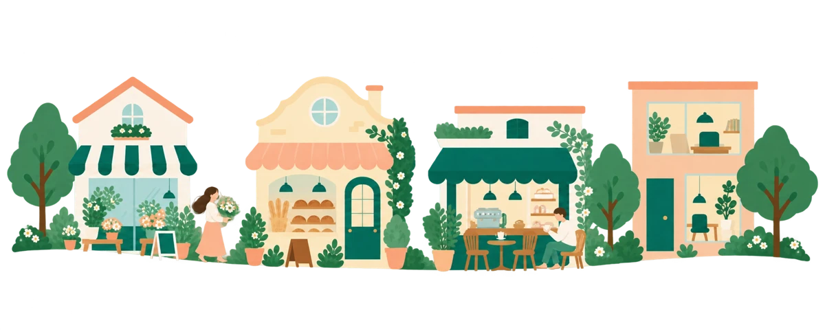 お店と木々が並ぶ小さな街のイラスト