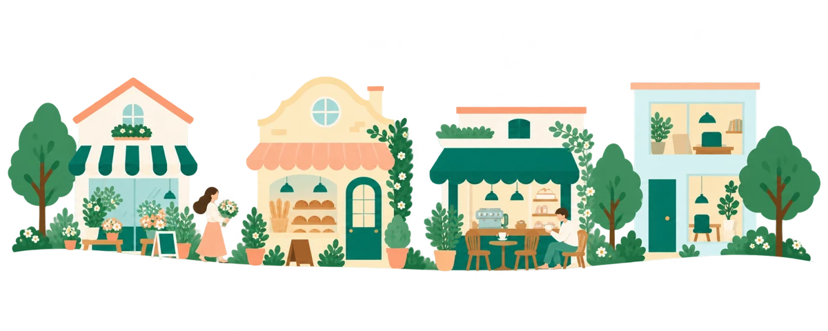 お店と木々が並ぶ小さな街のイラスト