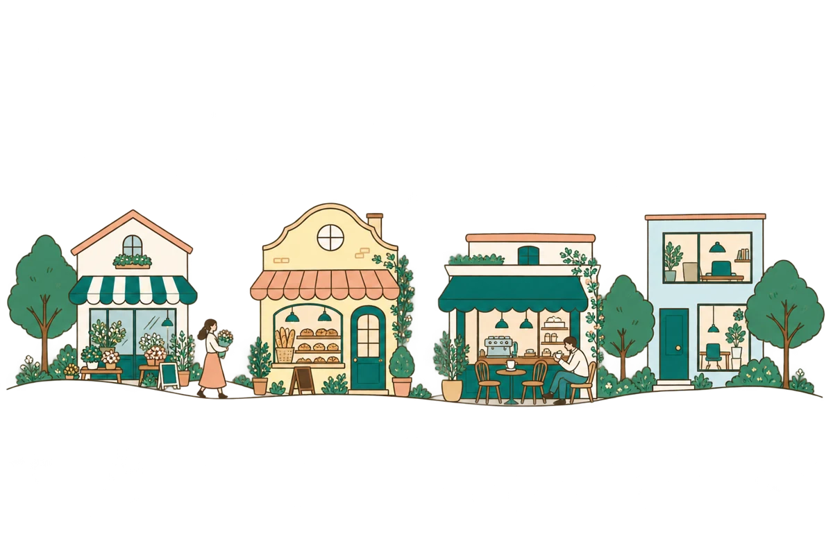 お店と木々が並ぶ小さな街のイラスト