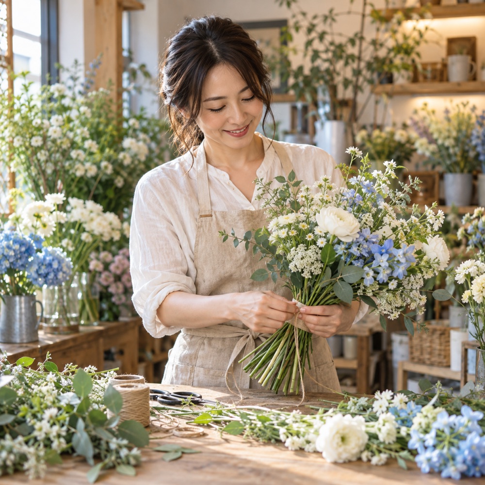 花屋で花束を仕立てる女性のイメージ