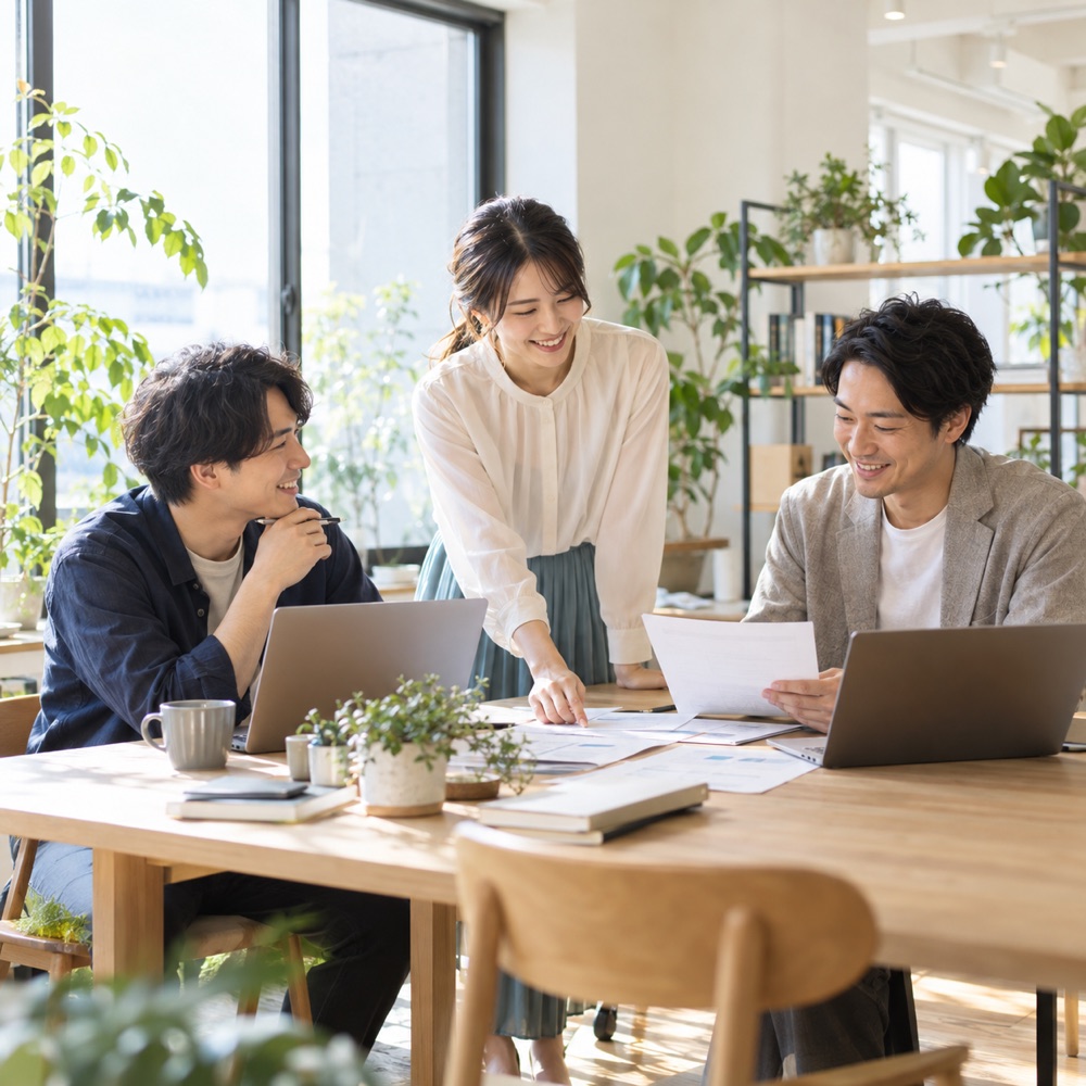 明るい企業のオフィスで打ち合わせするチームのイメージ
