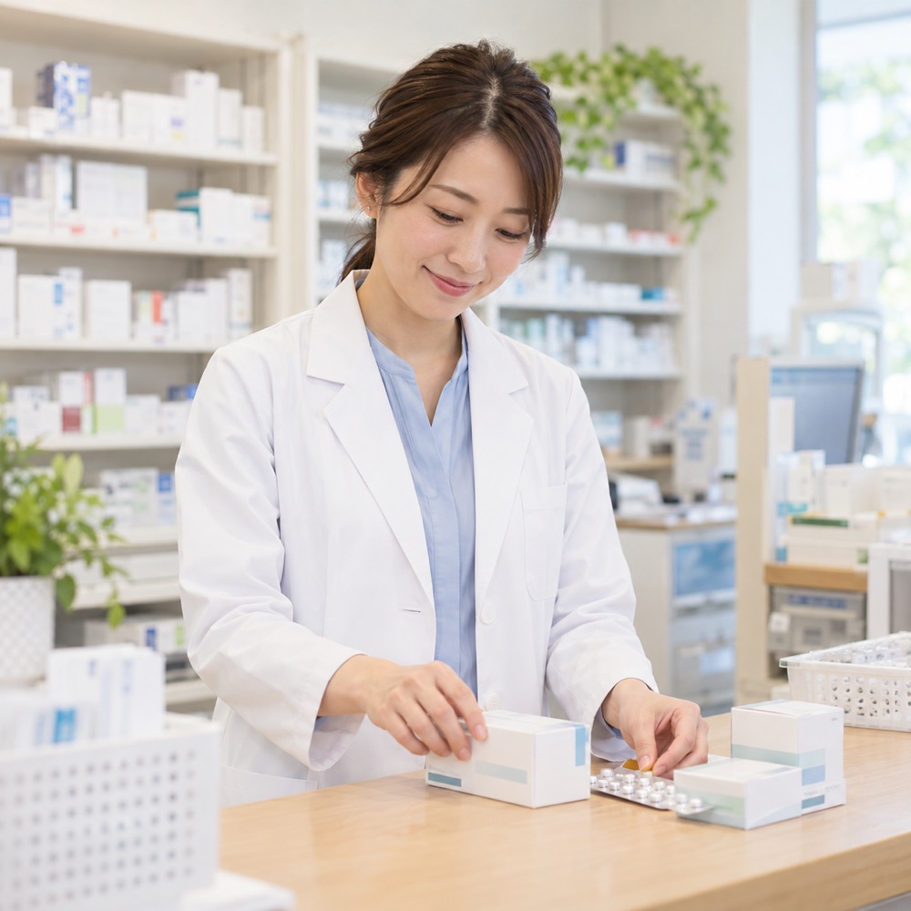 薬局で薬の準備をする女性スタッフのイメージ