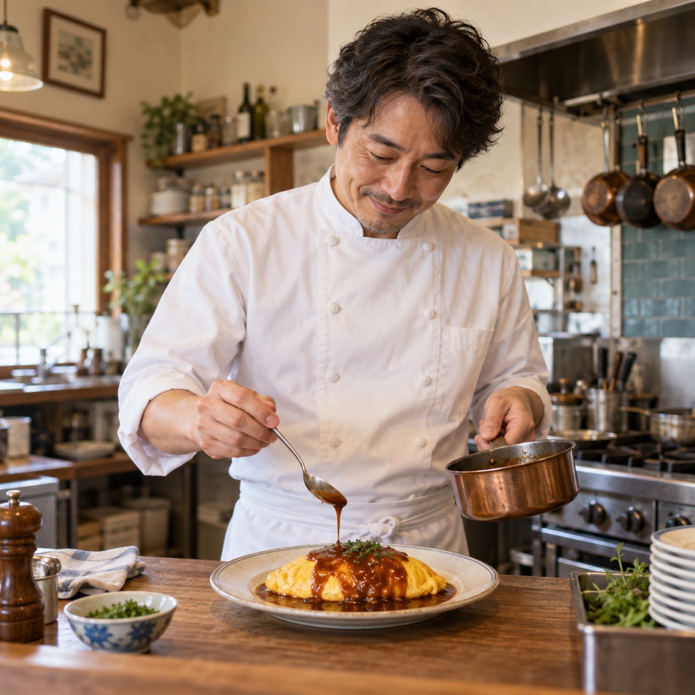 洋食店でオムライスを仕上げるシェフのイメージ